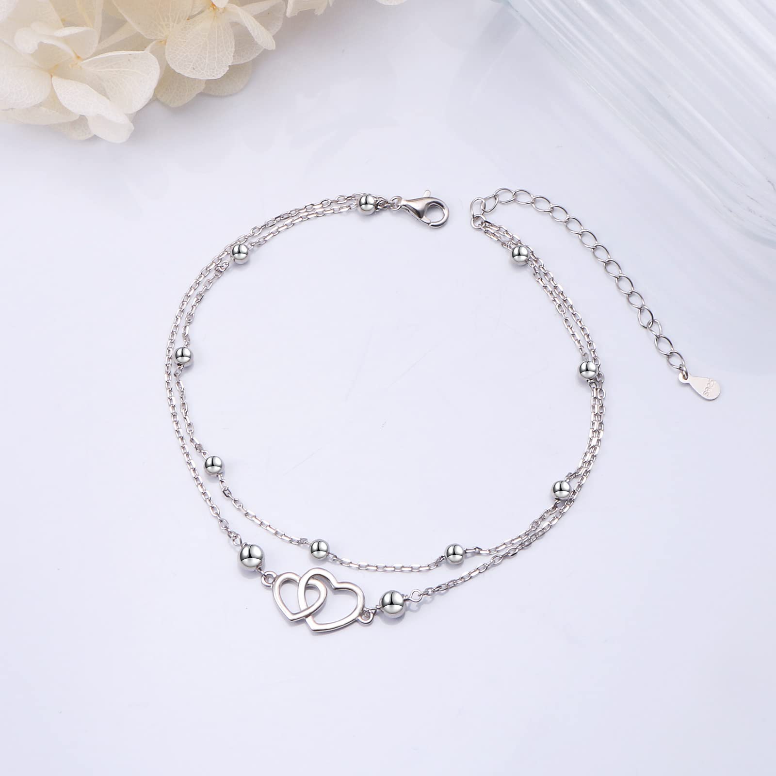 Cavigliera da donna in argento sterling 925, con ciondolo a forma di cuore, per donne e ragazze, classica, regolabile, per donne e ragazze