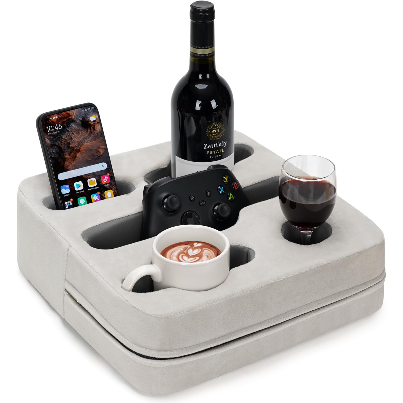 Couch Cup Holder Pillow - Sofa Cup Holder | Couch Caddy, Couch Drinks Remotes Holder for Cups, Headphones, Snacks, and Phones | Use it on Car, Pack, Beach, RV, and More(SilverGrey)