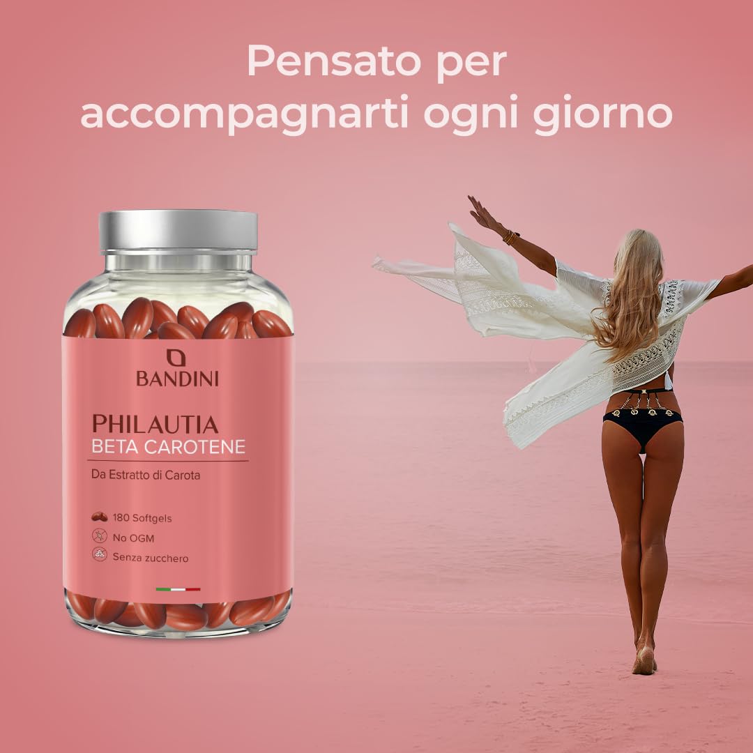 Bandini® Betacarotene | Integratore per Abbronzatura Forte Intensa e Pelle Radiosa | 180 Softgels | Apporto di Vitamina A per un Colorito Luminoso Tutto l’Anno | Sistema Immunitario