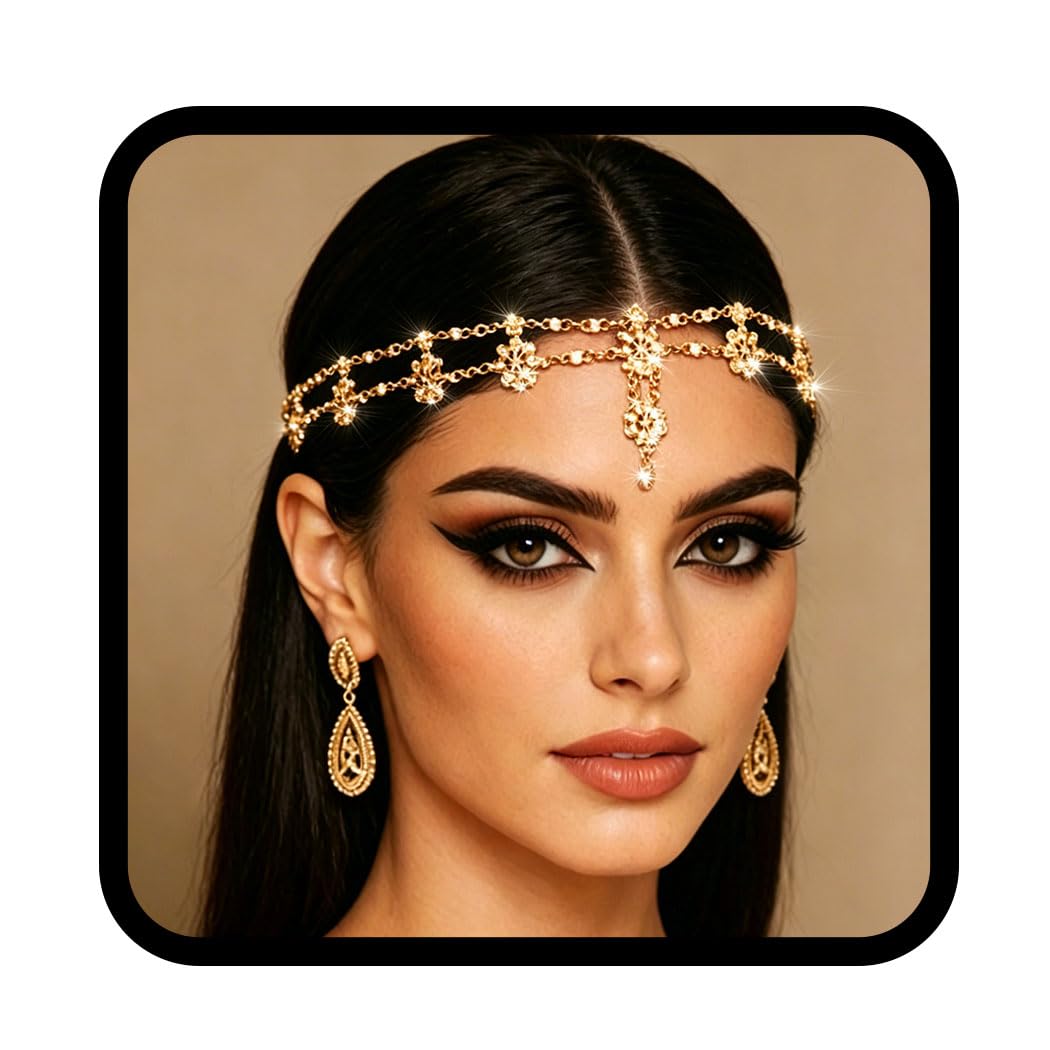 Yalice Gold Head Chain Indian Floral Bollywood Forehead Headpieces Elastic Goddess Bridal Wedding Hair Jewelry for Women