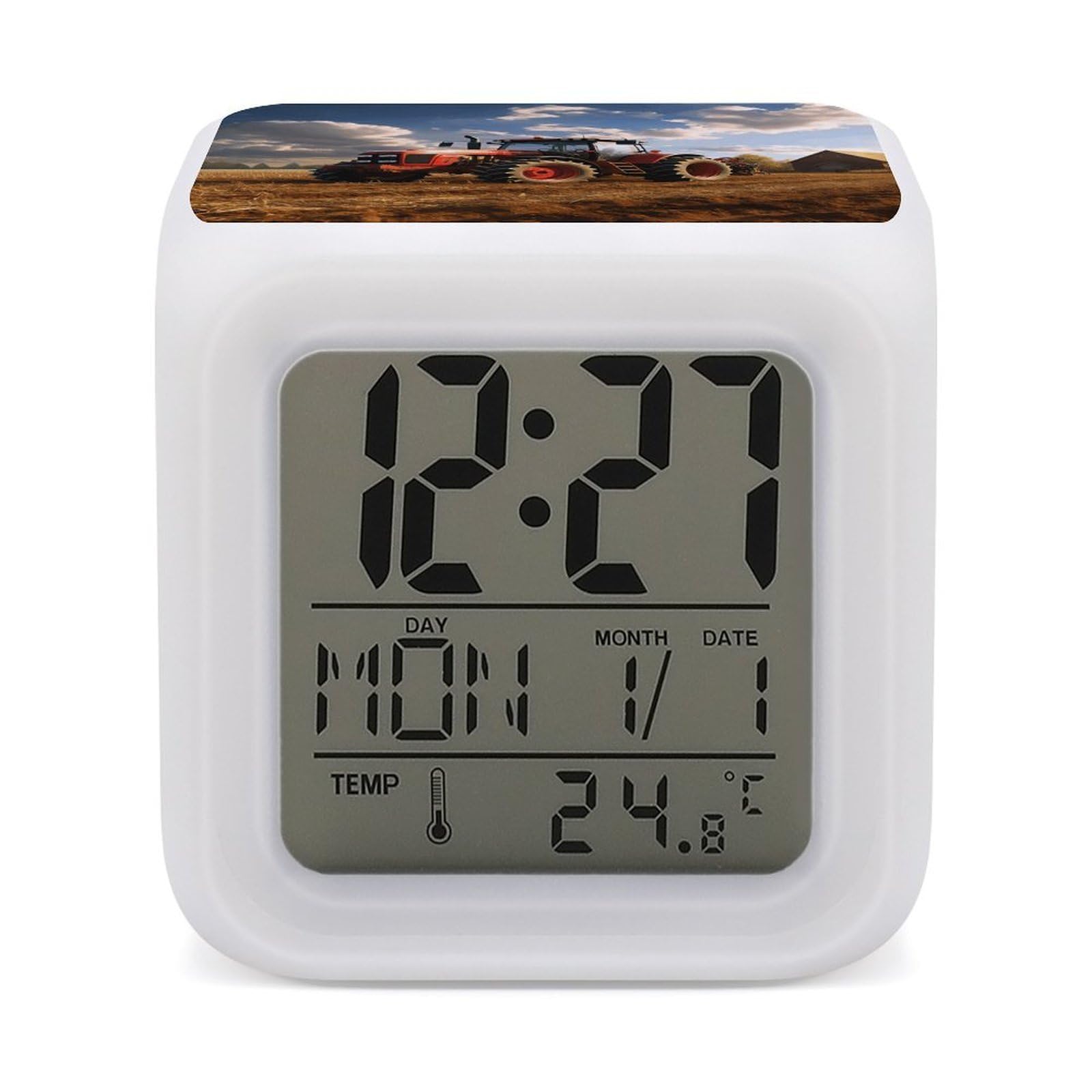 VstaDank Fantasy Farm Tractor Alarm Clock for Bedrooms Small Clocks with 7 Color Night Light Desk Clock with Large Numbers Loud Wake Up Timer Ideal for Gift & Room Decor