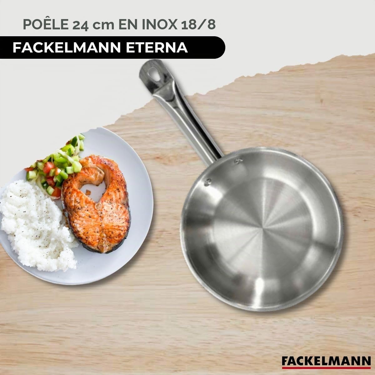 Fackelmann Set poêles inox 20 et 24 cm, couvercle et 6 ustensiles inox | Cuisson et service réunis, 2 poêles 20 et 24 cm, Inox et verre, Couvercles assortis, Lave-vaisselle, Sans PFAS