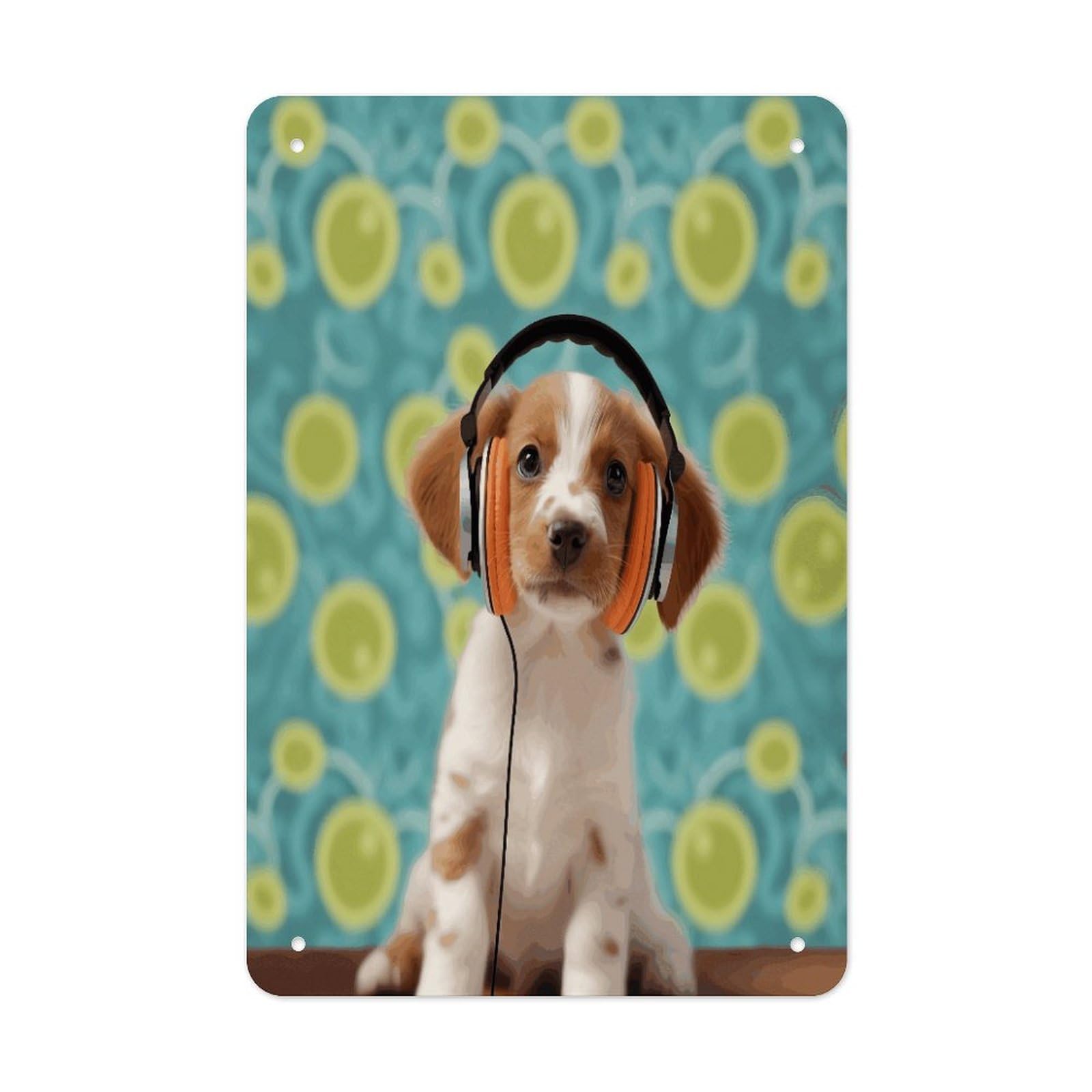 Puppy with Headphones Metal Tin Sign Wall Decor Funny Retro Sign Weatherproof Metal Wall Art for Indoor Or Outdoor Retro Tin Signs for Kitchen Office Home Bar Decor 11.8 X 7.9 Inch