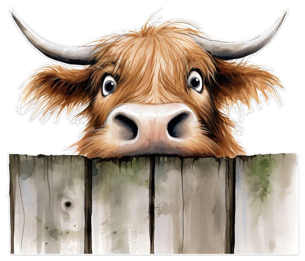 Hodge Creations Brown Highland Cow Peek-A-Boo Pack Of 4 Vinyl Decal Sticker Scrapbook Car Wall Tile Furtniture Bumper Sticker Window