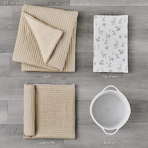 Image of Levtex Baby - Mills Waffle Crib Bed Set - Baby Nursery Set - Taupe - Taupe Textured Waffle - 4 Piece Set Includes Quilt, Fitted Sheet, Dust Ruffle and Rope Basket