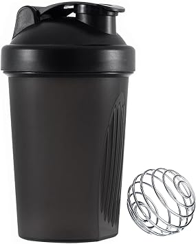 Protein Shaker Bottle, 400ml Shaker Bottle with Stainless Steel Mixing Ball, Milkshake Cups, Water Bottle, Gym Shaker Bottle for Fitness Sports and Travel, BPA Free, Leakproof, Dishwasher Safe, Black