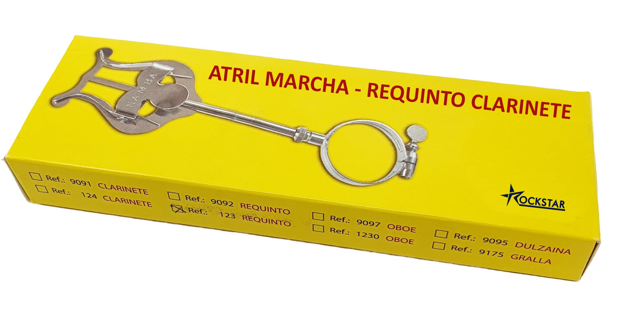 ROCKSTAR - Atril de Marcha Super para Requinto y Clarinete, R123 de Metal para fijar al cuerpo, Porta Partituras para Instrumento de Viento, con Argolla, color Plateado. Hecho en España
