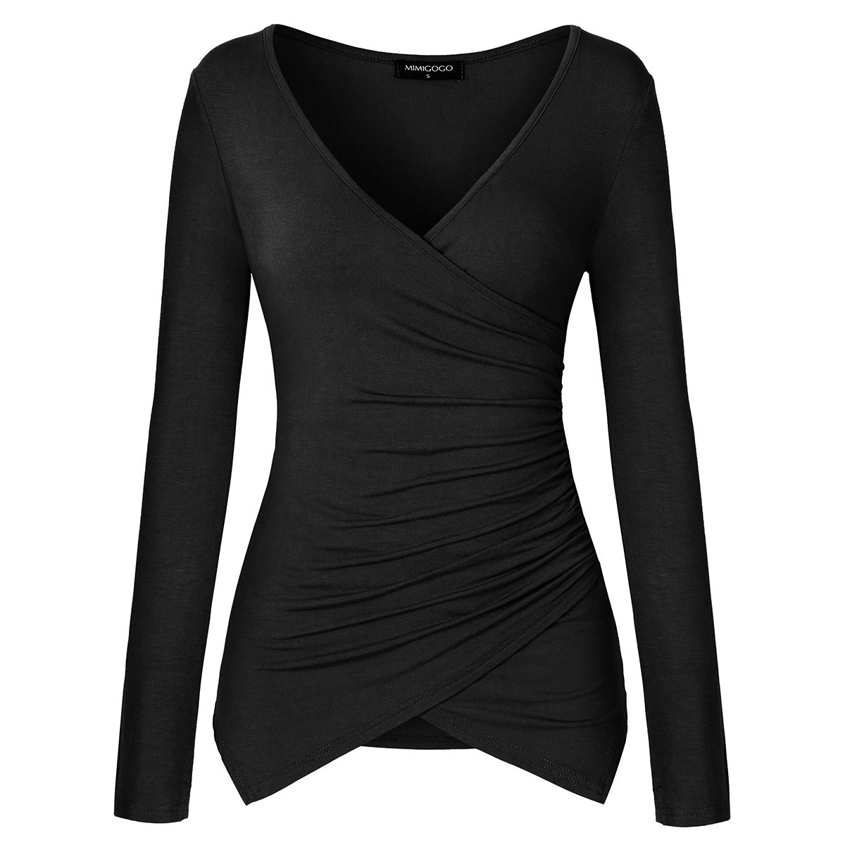 MIMIGOGO Women's Sexy Deep V Neck Short Sleeve Cross Wrap Pleated Slim Fit Shirts Tops Blouse