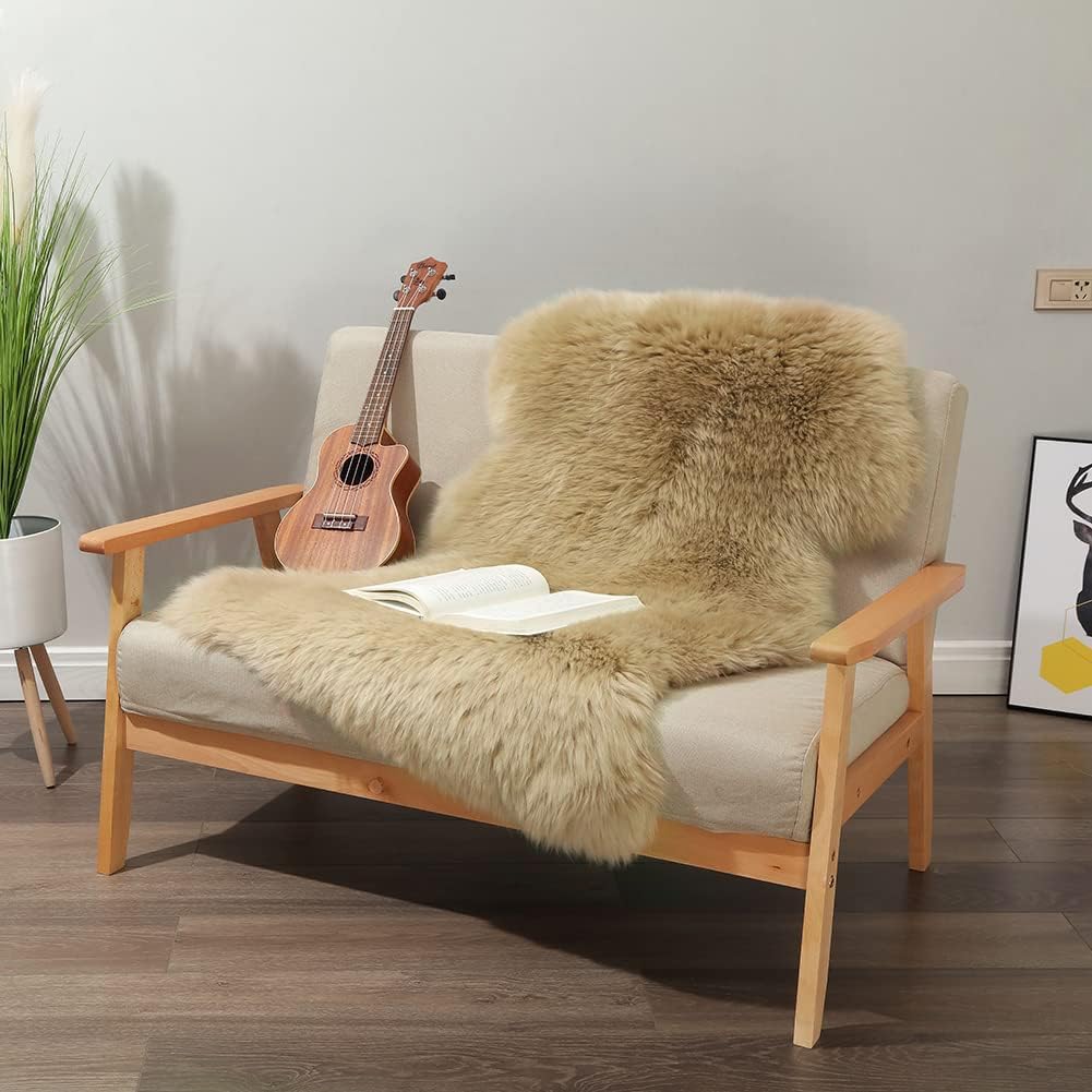 LLB Genuine Sheepskin Area Rug Wool Rug Fur Carpet Fluffy Shaggy Fur Rug for Living Room Kids Bedroom Real Sheepskin Throw Lambskin Rugs Sofa Mat Chair Seat Covers (Tan, 2 x 3 ft Sheepskin)