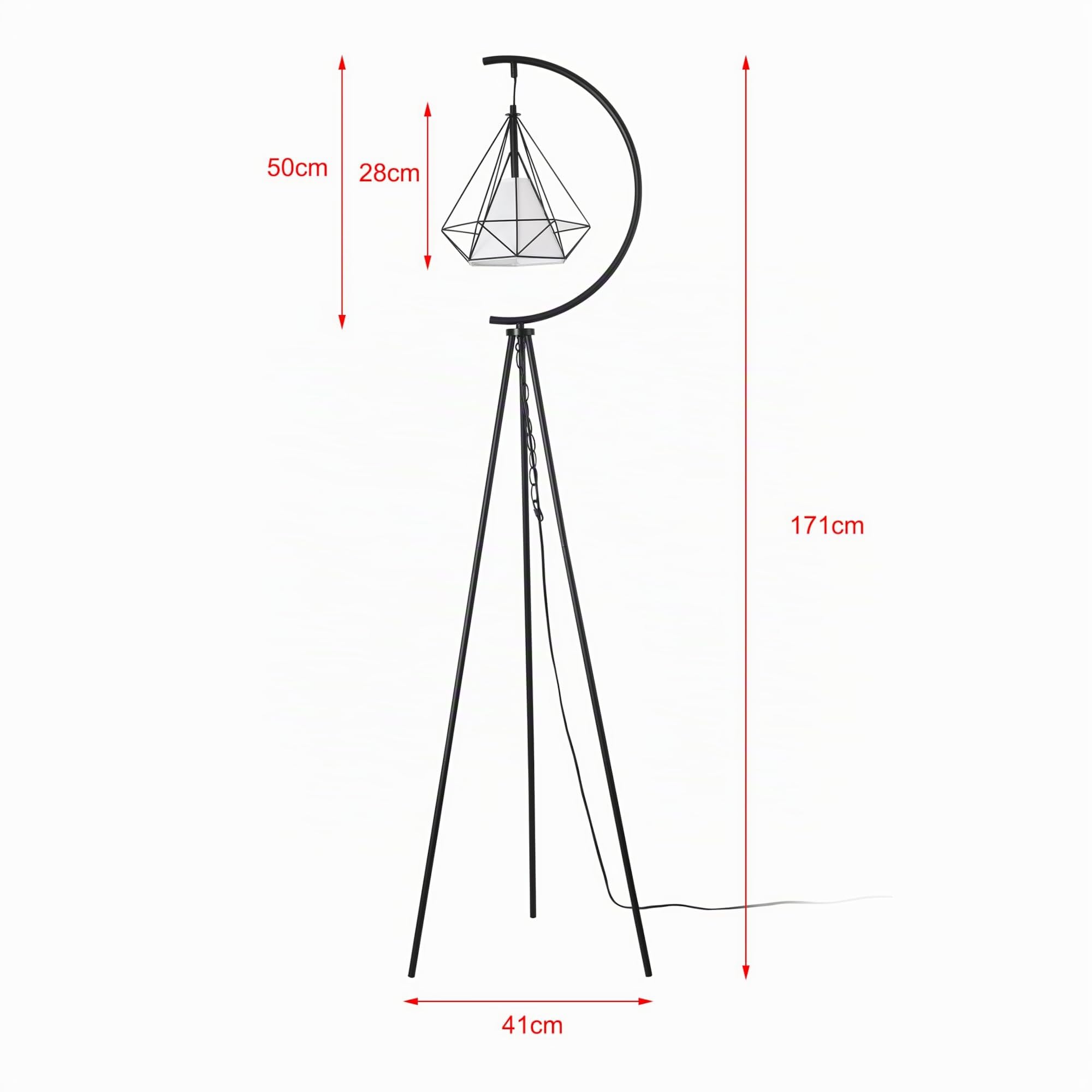 lux.pro Lampada da Terra con Paralume Pendente in Gabbia a Diamante Lampada a Treppiede Piantana Tripode Lampada in Metallo Nero con Paralume in Tessuto Bianco
