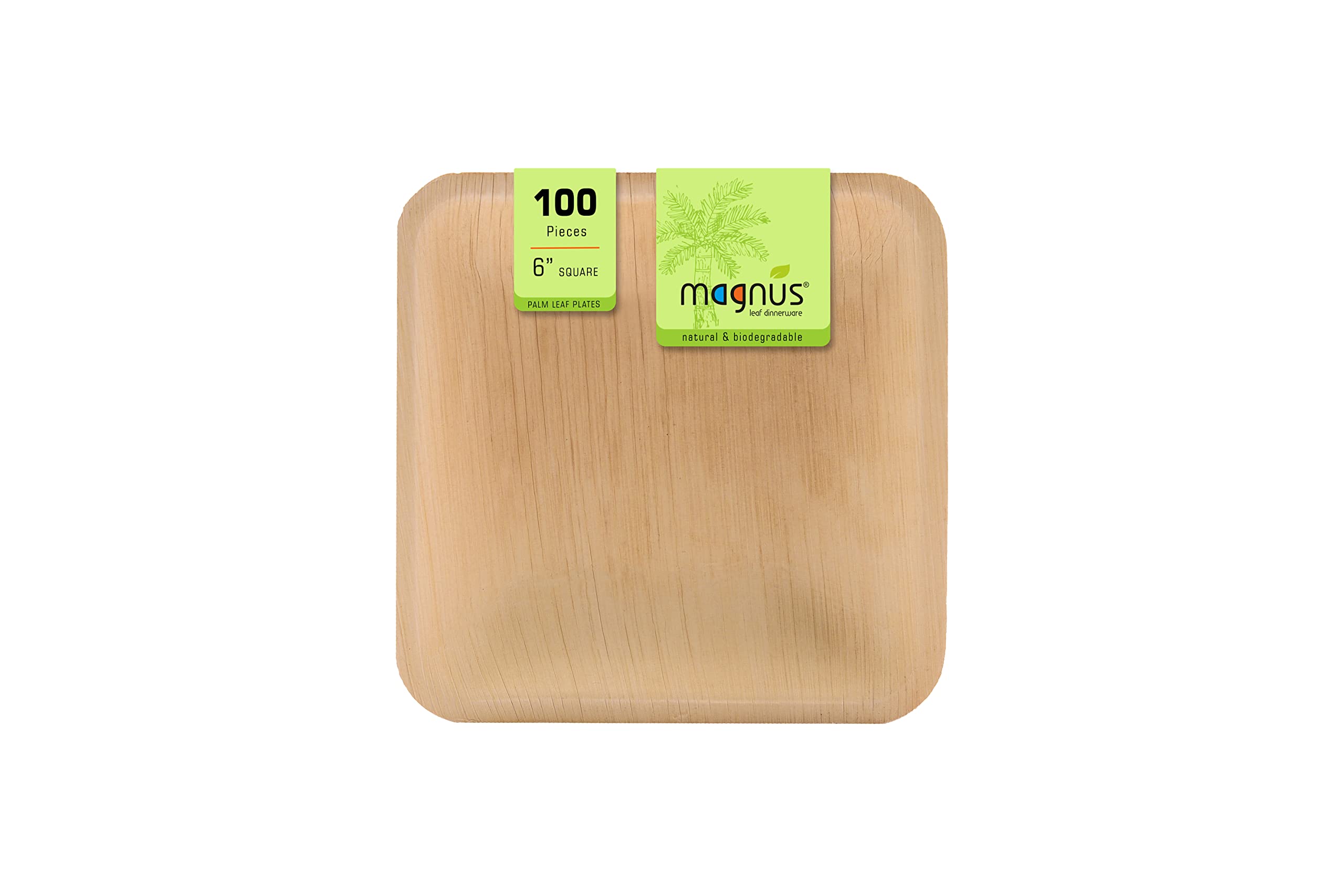 magnus 6 Inch Square Palm Leaf Plates, (100 Pcs) Bamboo Plates Like, Disposable, Compostable & Biodegradable Plates for Dessert, Eco Friendly Plates Alternative to Plastic Plate Paper Plate