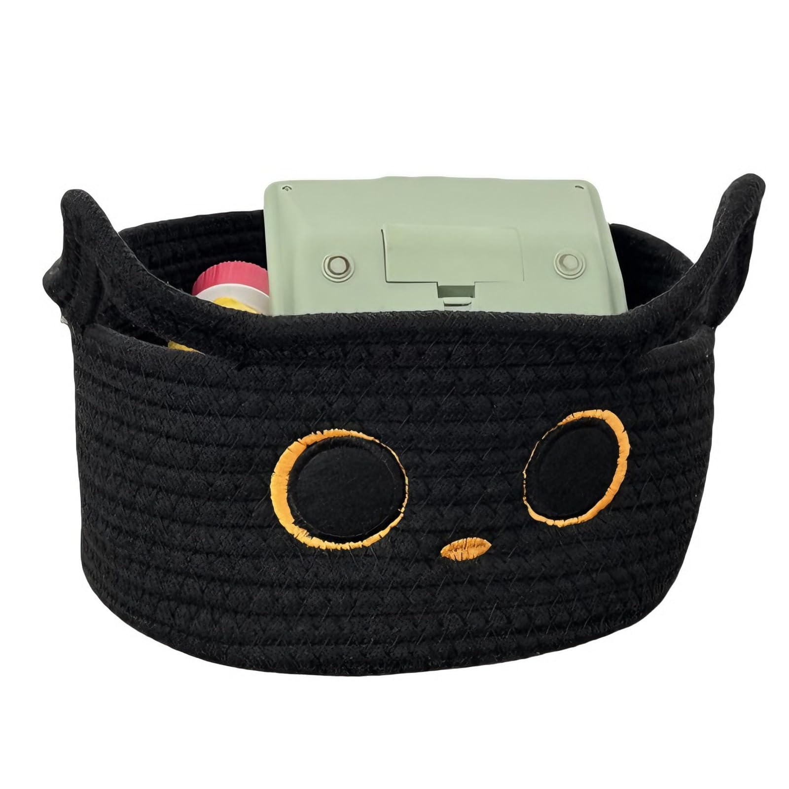 Korb aus Baumwollseil - Schwarzer Katzen-Korb, Geeignet für Haustier-Spielzeug, Aufbewahrungskorb für Spielzeug mit Ohren Baumwolle Körbe für Baby Kleinkinderzimmer für Handtücher, Snacks, Kleidung