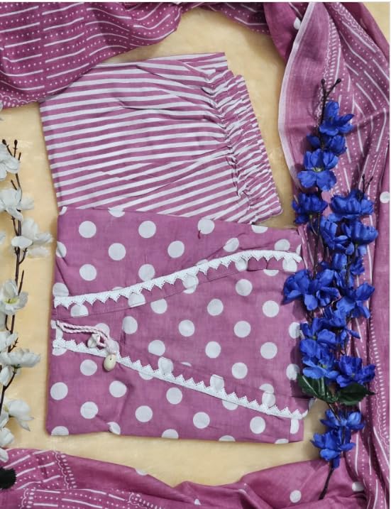 Image of Pinkmint Polka Dot Printed Anarkali Muslin Kurta Set with Striped Palazzo & Dupatta Set for Women Elgant Festive & Casual wear