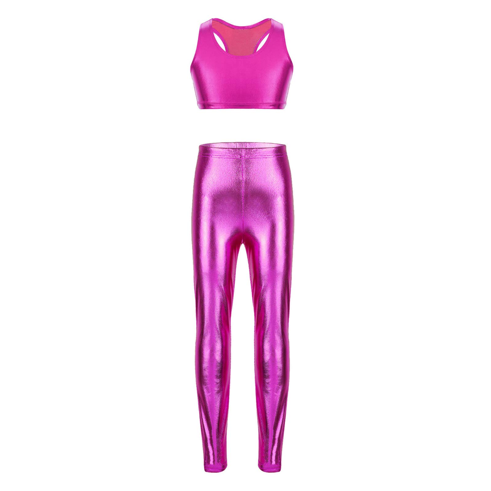 YOOJIA Kids Girls Shimy Metallic Crop Tank Tops with Stretch Legging Pants for Dance Stage Performance Costume Set