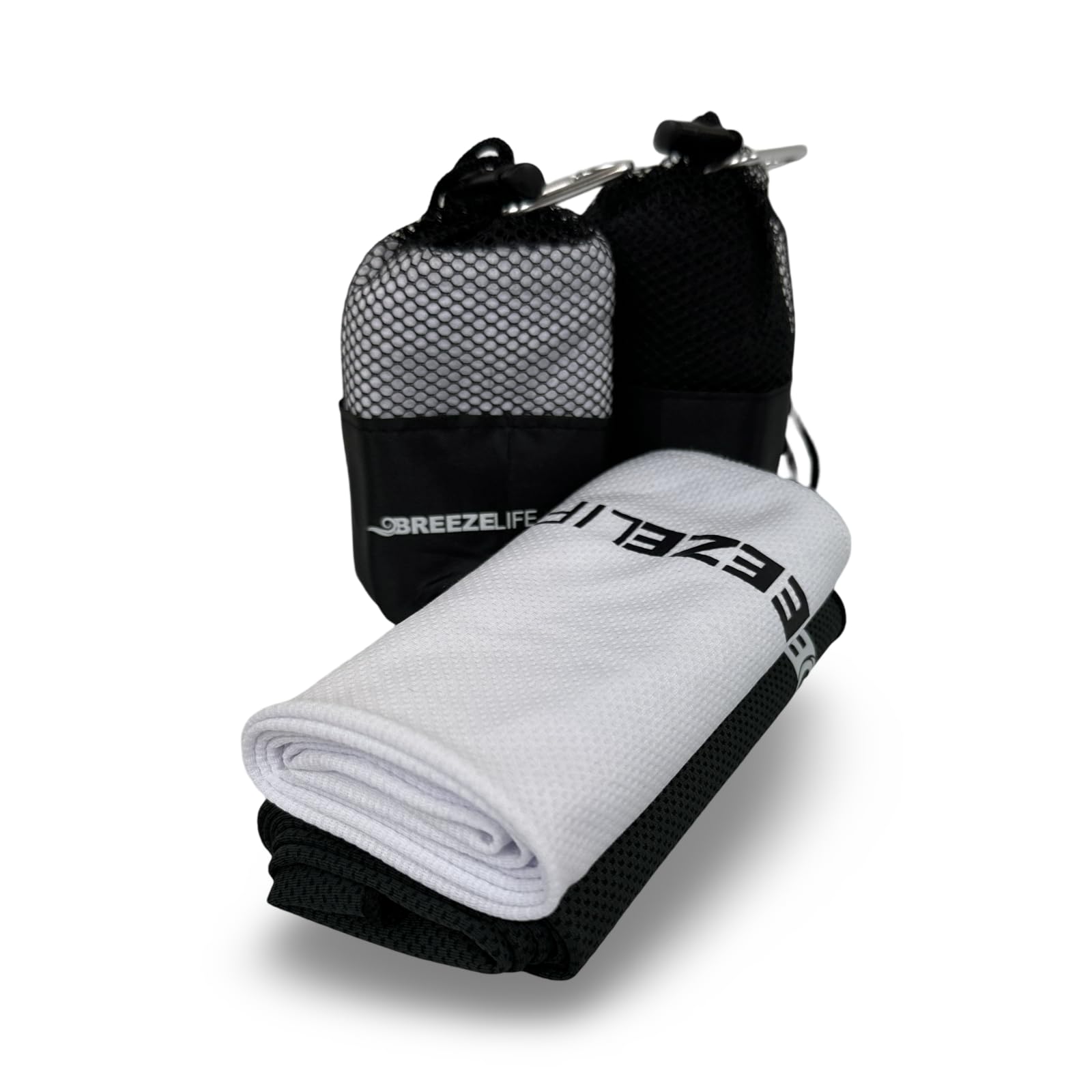 Breeze Life Cool WRAP Microfiber Cooling Towels for Hot Weather, Cooling Neck Wraps, Instant Relief Sports Towel for Athletes, Running, Yoga, Workout, Golf, Biking, 2 Pack (Black, White)