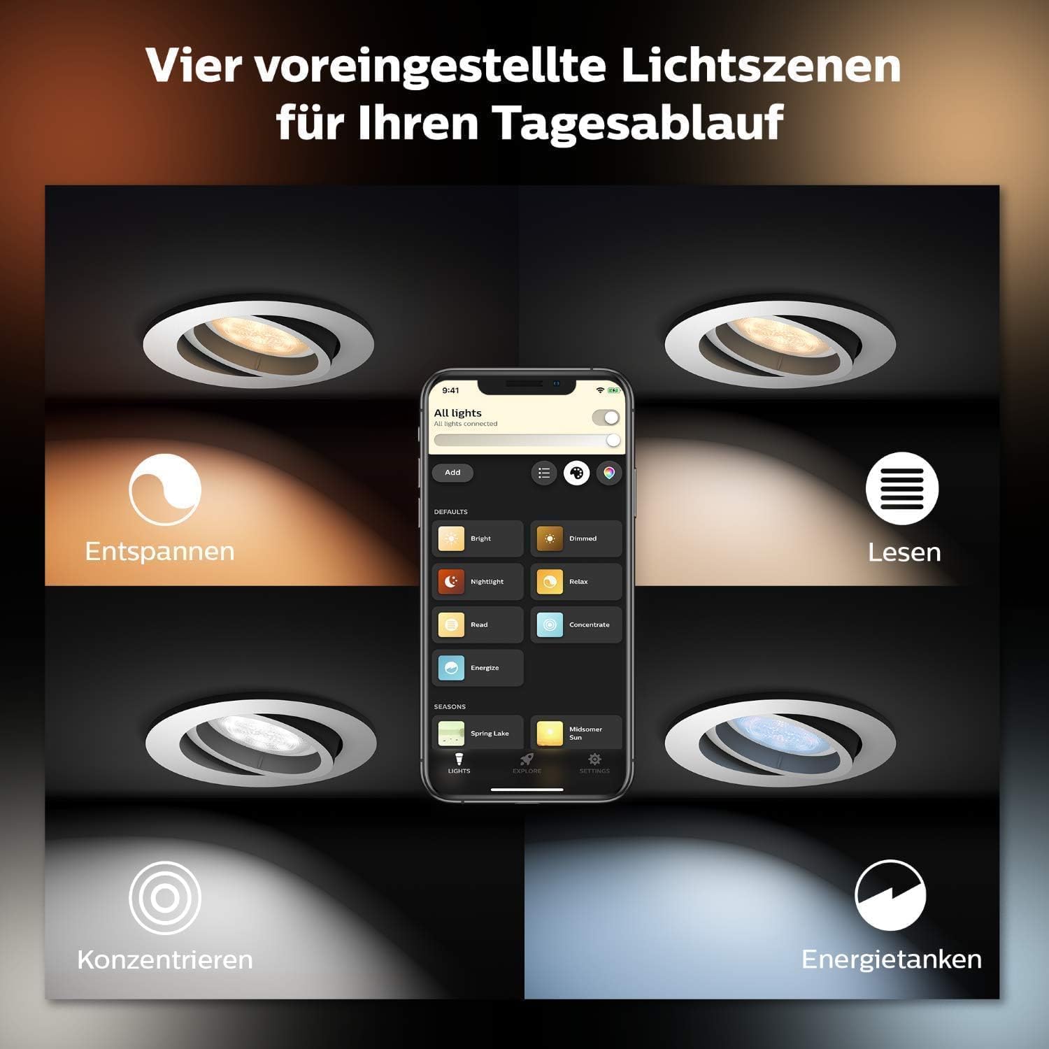 Philips Hue Milliskin White Ambiance Einbauspot 3er Pack 400lm 70mm warm- bis kaltweißes Licht App steuerbar kompatibel Amazon Alexa
