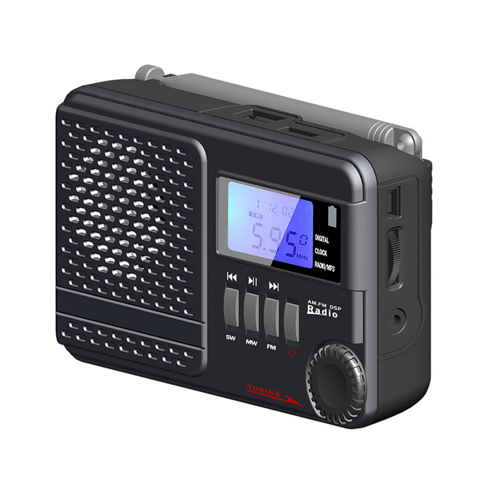 Radio Receiver de Frecuencia Completa, Portable Receptor de SW/FM/MW con Reloj y Despertador Auriculares/Disco U/Tarjeta TF