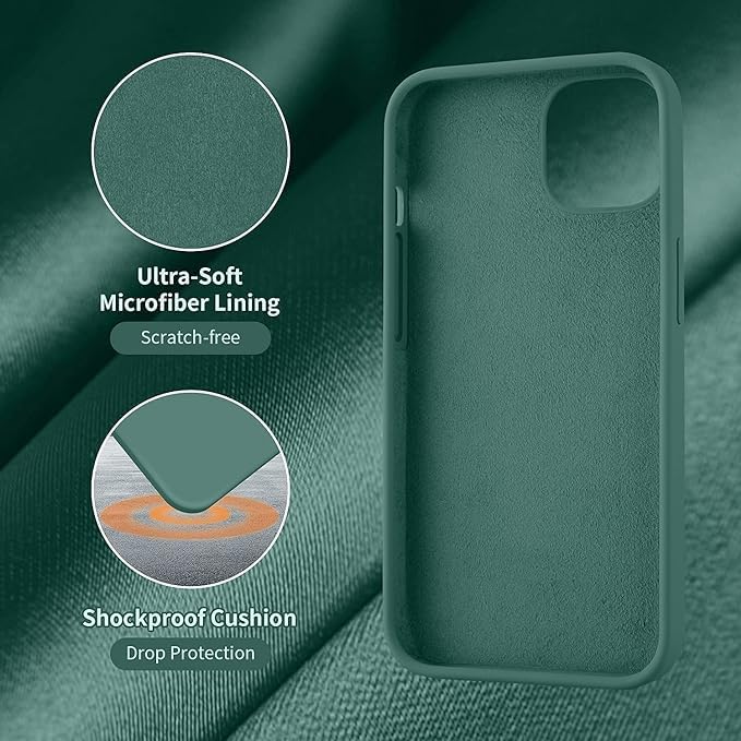 Image of Compatible with iPhone 15 Silicone Case, Slim Shockproof Protective Cover, Drop Protection and Camera Protection, MagSafe Compatible, Soft Microfiber Lining Inside (Midnight Green)