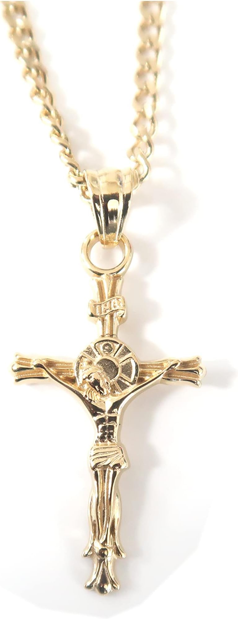 RIVETING JEWELRY24K Gold INRI Crucifix Chain Small Cross Pendant Necklace Solid Clasp for Women, Men, Wife, Husband, Thin for Charms Miami Cuban Link Baptism Religious Gift for him her