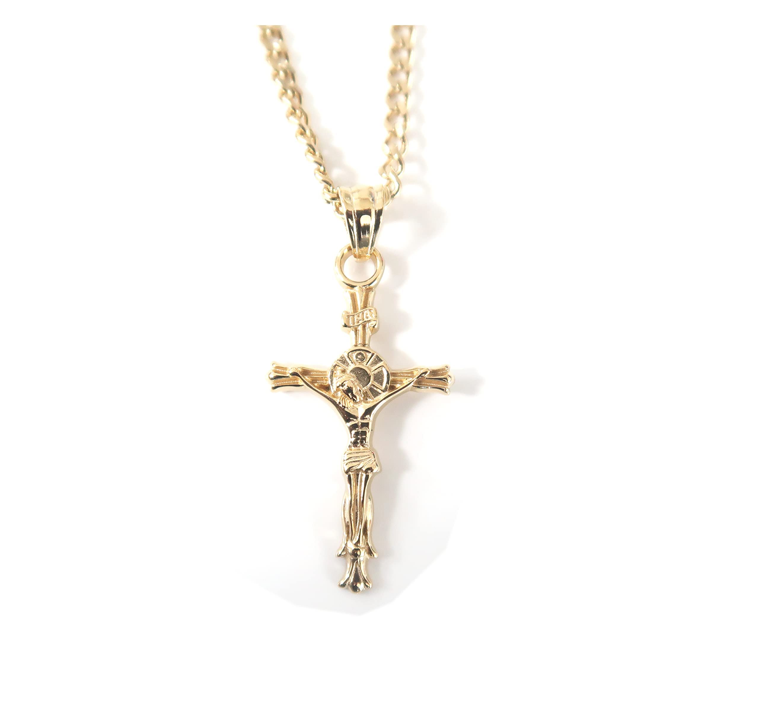 RIVETING JEWELRY24K Gold INRI Crucifix Chain Small Cross Pendant Necklace Solid Clasp for Women, Men, Wife, Husband, Thin for Charms Miami Cuban Link Baptism Religious Gift for him her