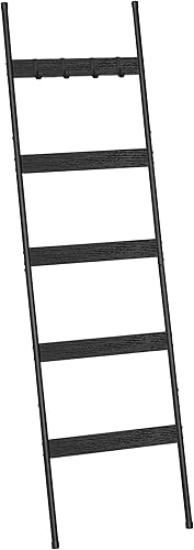 ELYKEN Escalera para manta para sala de estar, soporte de edredón de 5 niveles con 4 ganchos extraíbles para baño, estante de toalla de madera,