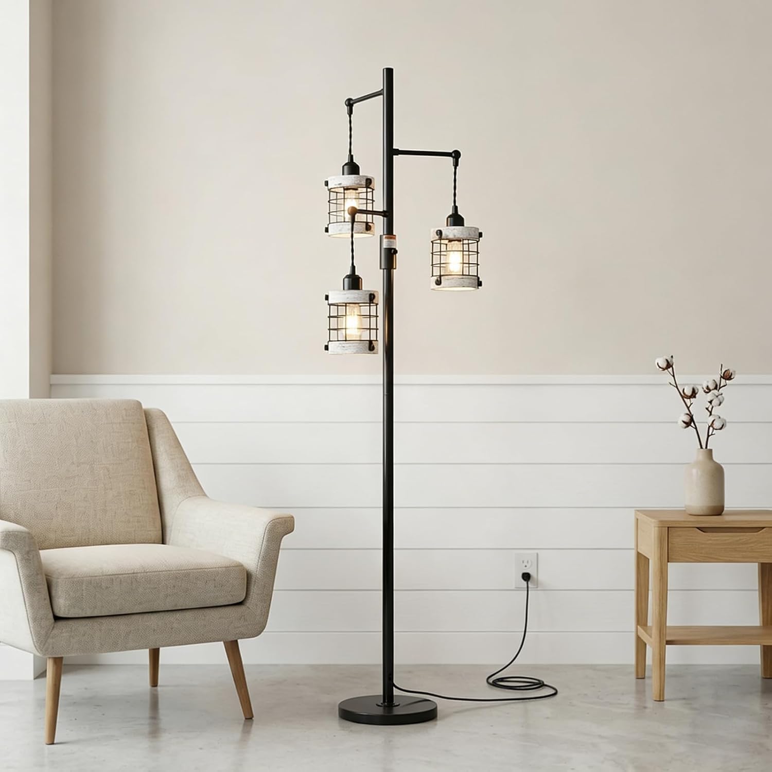 3-Lights Floor Lamp with Metal Wood Cage Lampshades, Vintage Standing Lamp for Living Room, Dimmable Tall Lamp for Bedroom, Industrial Tall Floor Lamps Rustic Corner Lamp for Reading Home Decor
