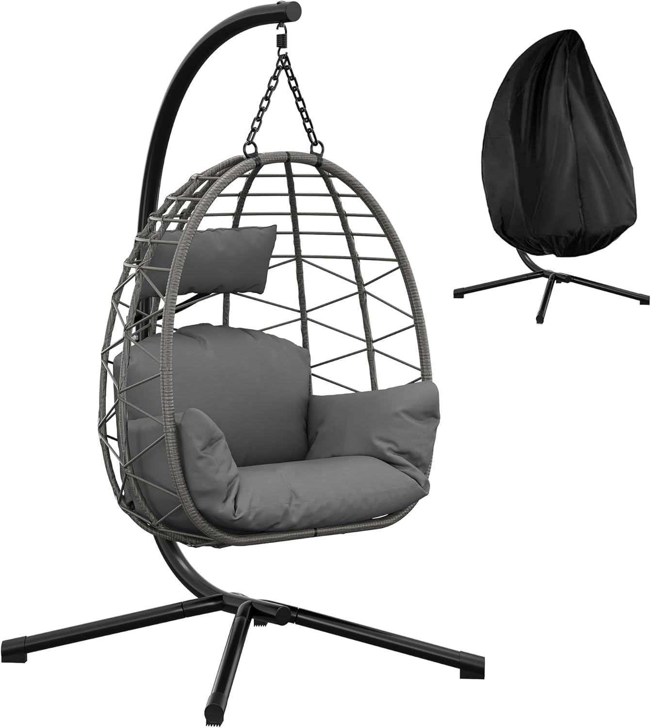 Poltrona sospesa in rattan, sedia amaca coccooning con struttura in acciaio, carico 130 kg, sedia sospesa uovo con copertura antipioggia, amaca altalena per giardino, terrazza, angolo lettura (196 x