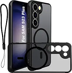 USTIYA Magnética Capa para Samsung Galaxy S23+ S23 Plus Case Matte Acrílico Uso Resistente Protetora de Câmera Capinha Acessórios para Celular com Cordão Preto FGCX