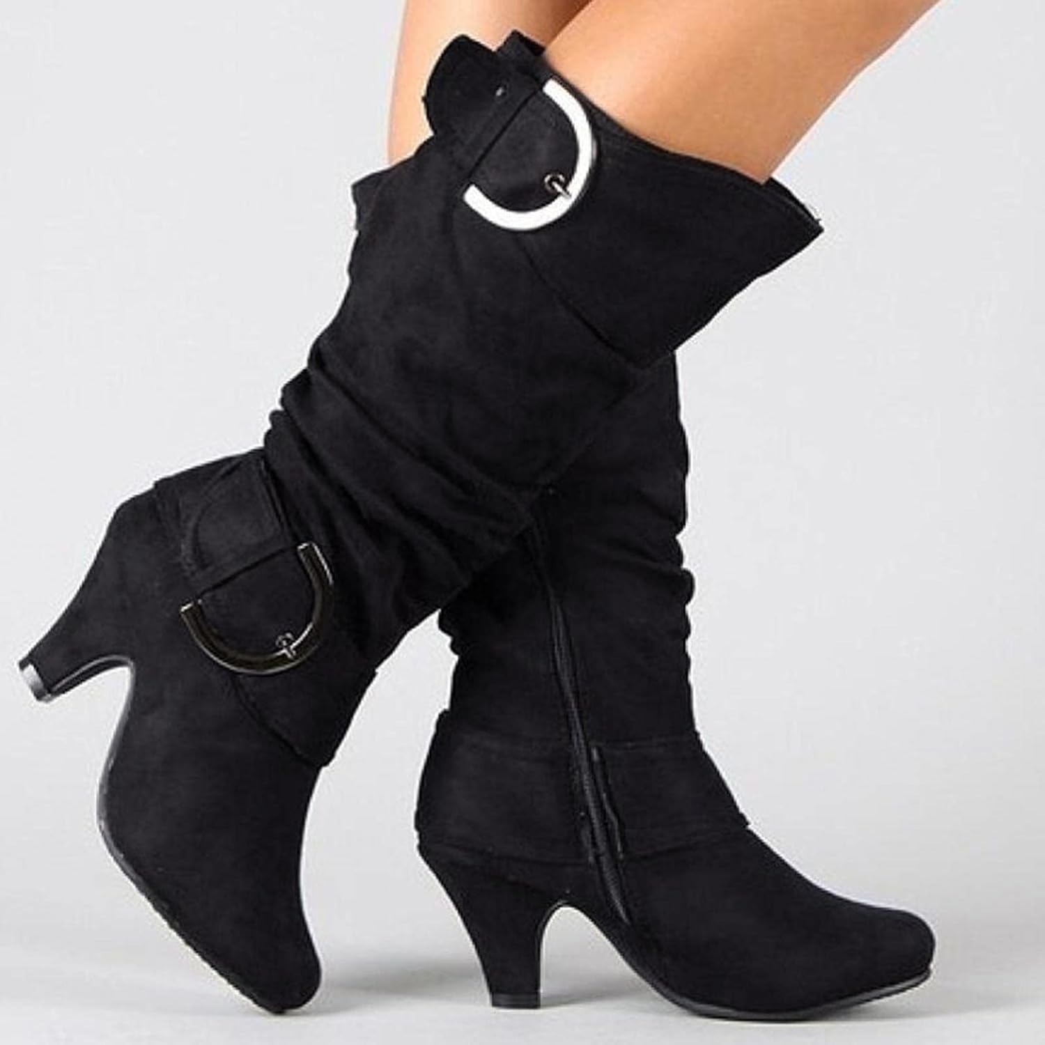 Hbeylia Pump Dress Boots For Women Fashion Casual Sclouchy Ruched Knee High Length High Heels Boots With Side Zip Ladies Stacked Wide Mid Calf Dressy Booties Winter Shoes Party Favor