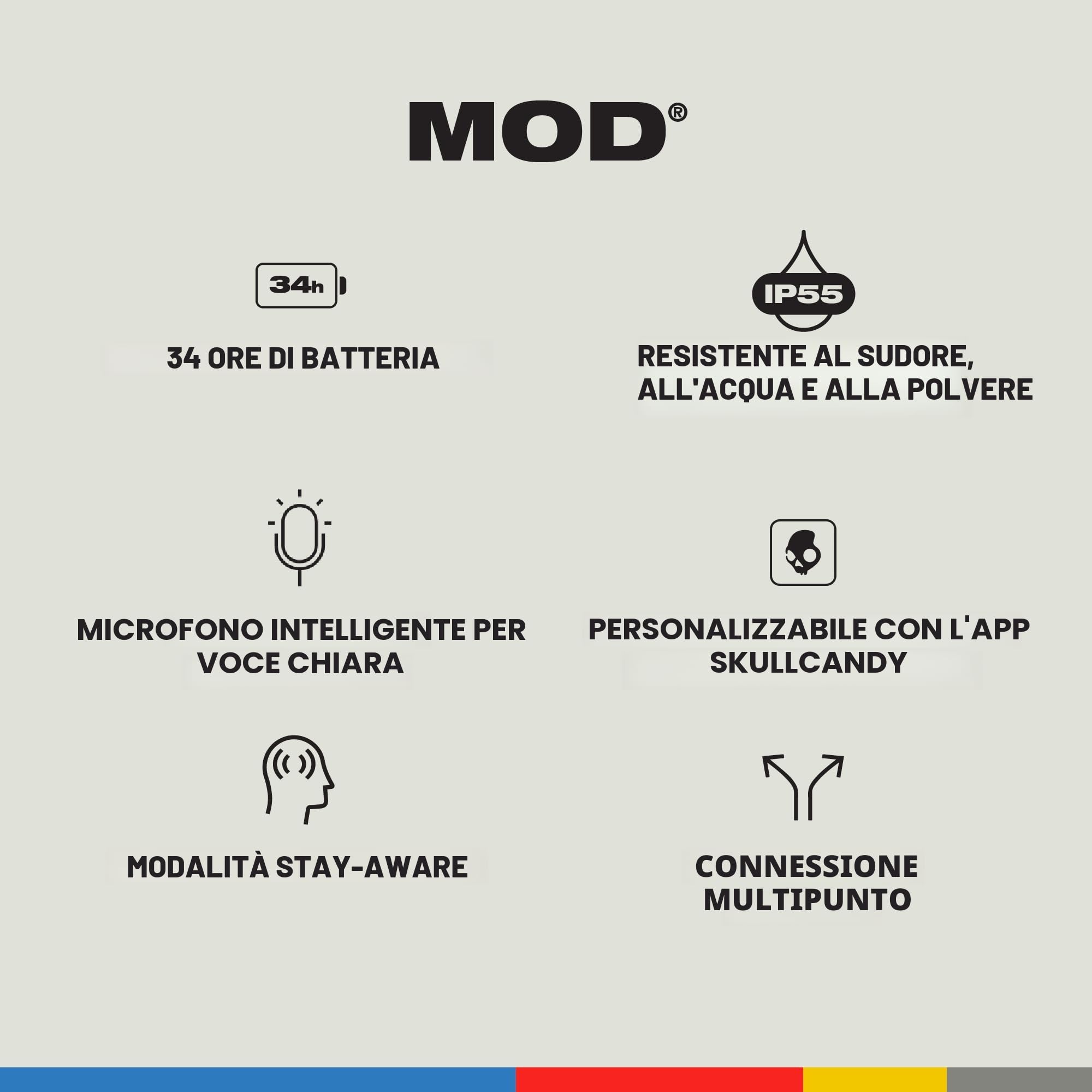 Skullcandy Mod Auricolari Wireless In-Ear con Microfono, 34 Ore di Autonomia, Compatibili con iPhone, Android e Dispositivi Bluetooth - Grigio/Blu