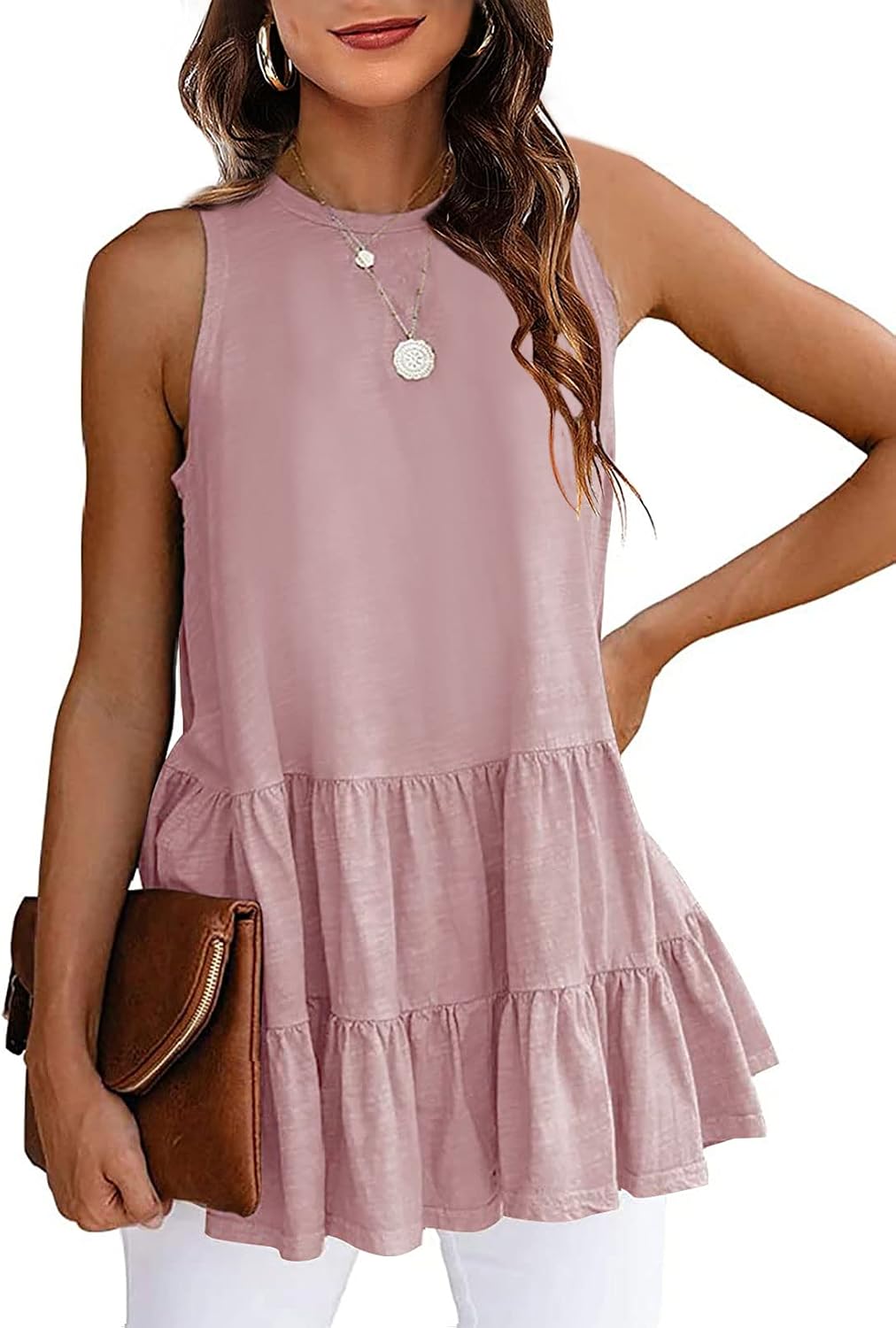 HAEOF Women’s Summer Sleeveless Peplum Babydoll Tops Casual Crew Neck Flowy Loose Fit Tunic Tank Shirts