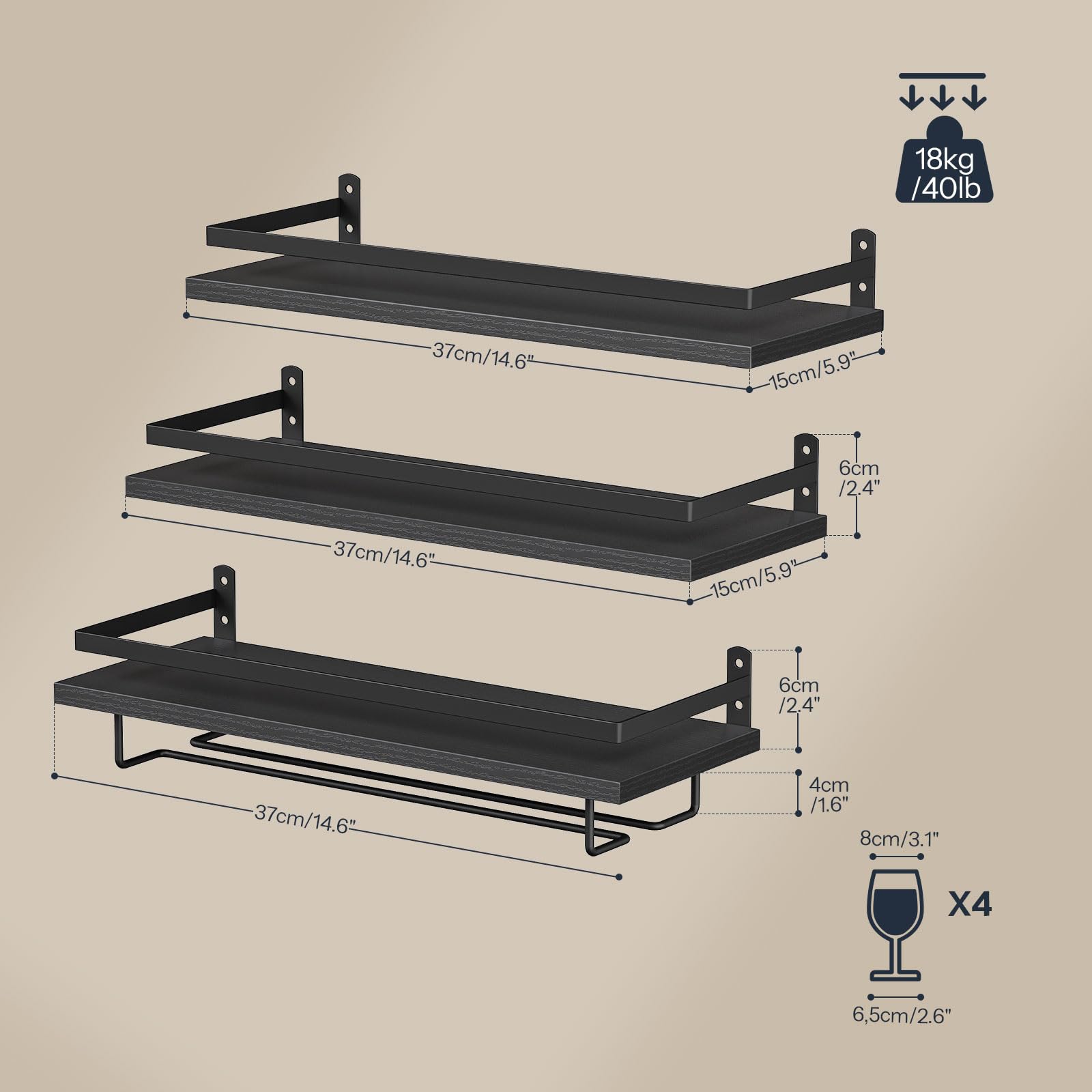 HOOBRO Juego de 3 Estantes para Vino Montado en la Pared, Estantes para Vino Flotantes, Porta Botellas de Vino Porta Vasos Altos, para Sala de Estar, Comedor, Cocina, Negro EBF34BJ01