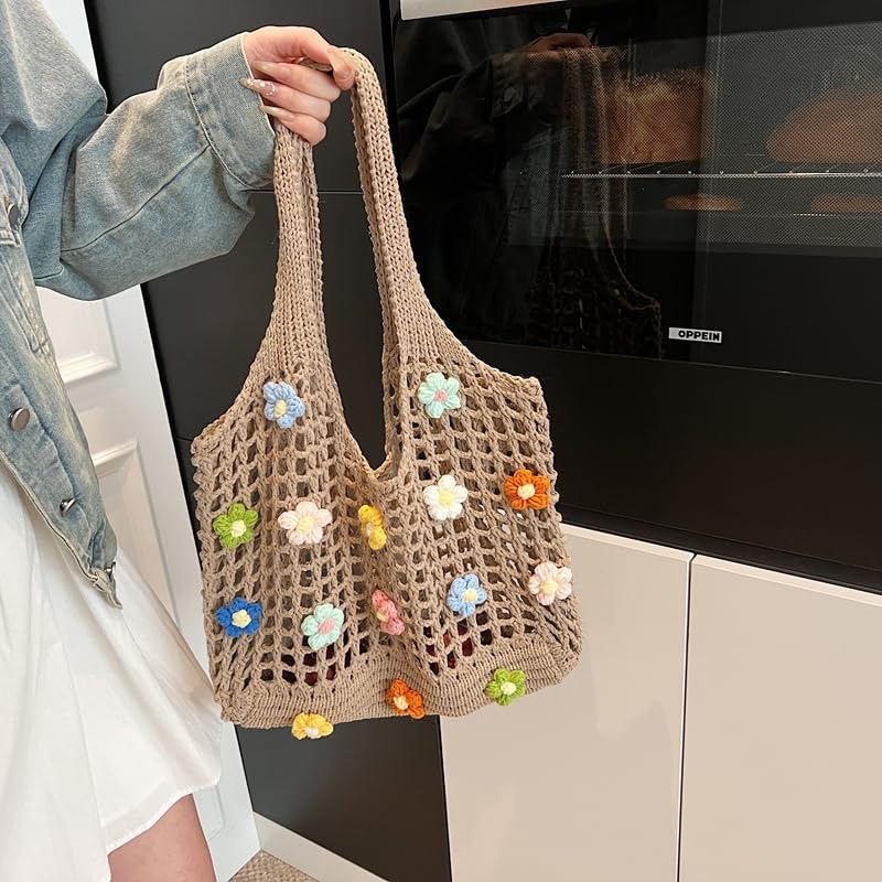 Women Knitted Tote Handbag Hollow Out Flower Knitting Shopping Handbag Large Capacity Crochet Bag Ladies Daily Handbag4