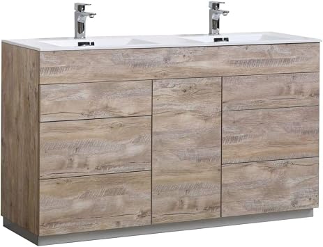 Milano 60-Inch Double Sink Bathroom Vanity Nature Wood Modern Freestanding Cabinet with Storage Soft Close Drawers Contemporary Double Vanity with Sinks