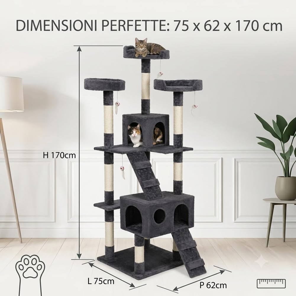 BAKAJI Tiragraffi per Gatti Albero Sisal Parco Giochi Cuccia Gatto Tira Graffi Unghie Alto 170 cm (Grigio)
