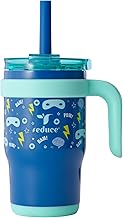 REDUCE 14 Oz Coldee Kids Tumbler with Lid and Straw - Coldee Insulated Travel Mug - Spill-Proof, Sweatproof Stainless Steel, BPA-Free - Includes Handle, Reusable Silicone Straw - Superhero Masks