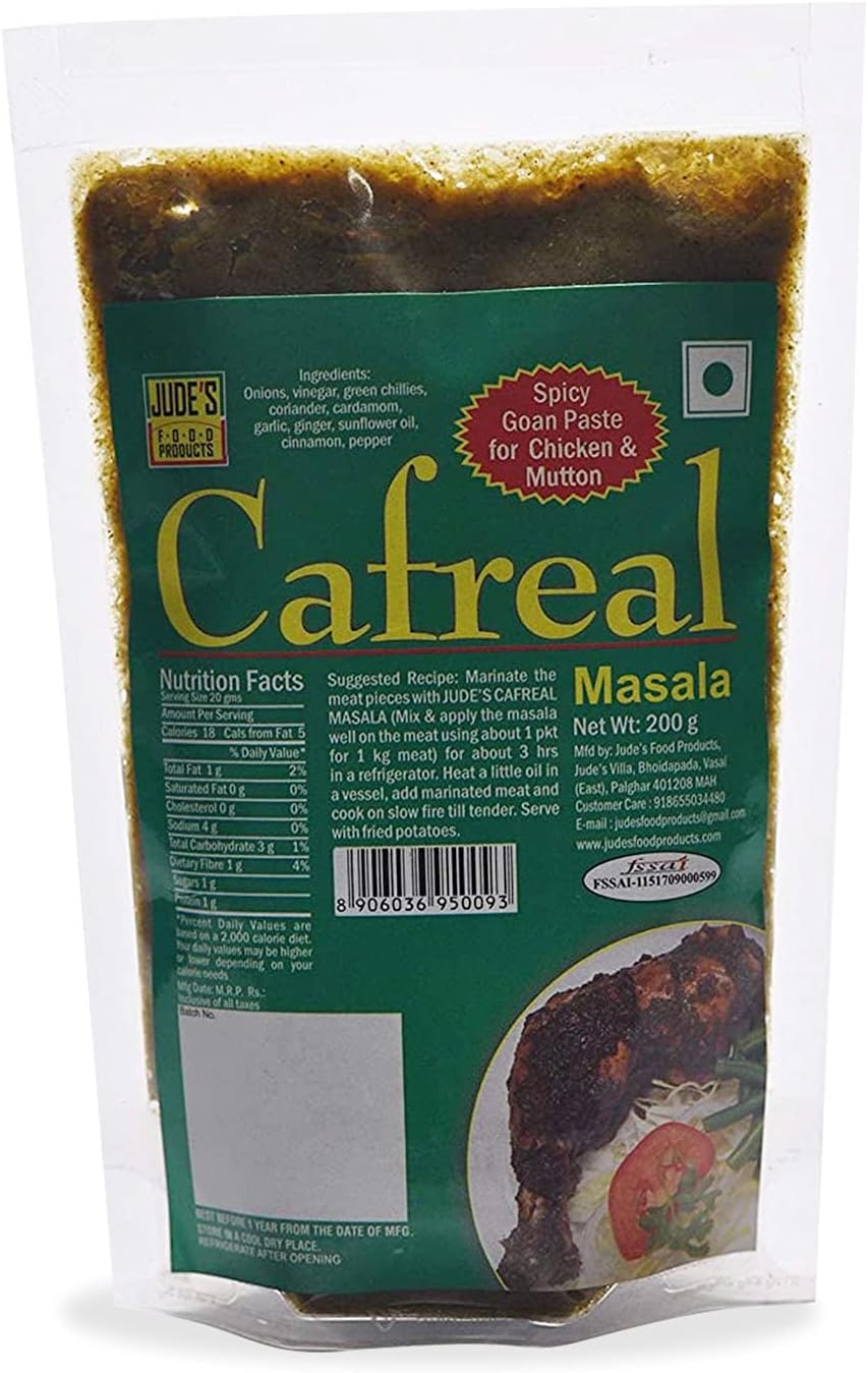 Jude's Food Products Cafreal | Authentic, traditional Goan recipe | Goan Speciality | Ready to Use | Perfect for Cooking | No Added Colour, Flavours | For Chicken, Meat, Vegetables | Masala Paste | 200 gms (Pack of 1)