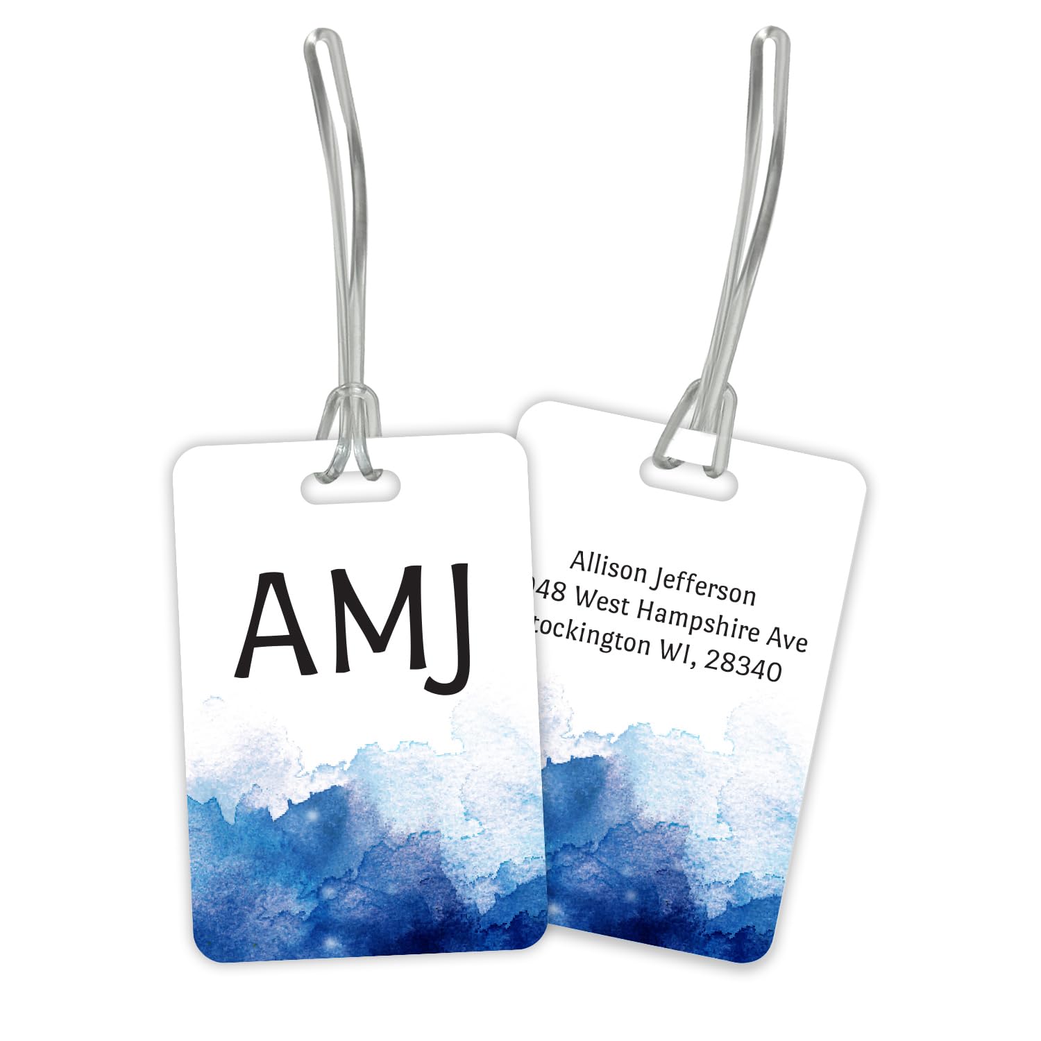 Personalized Watercolor Luggage Tag / 2.75" x 4" Custom Blue Bag Tag/Double Sided Durable Plastic Luggage Tag with Plastic Strap/Made in The USA