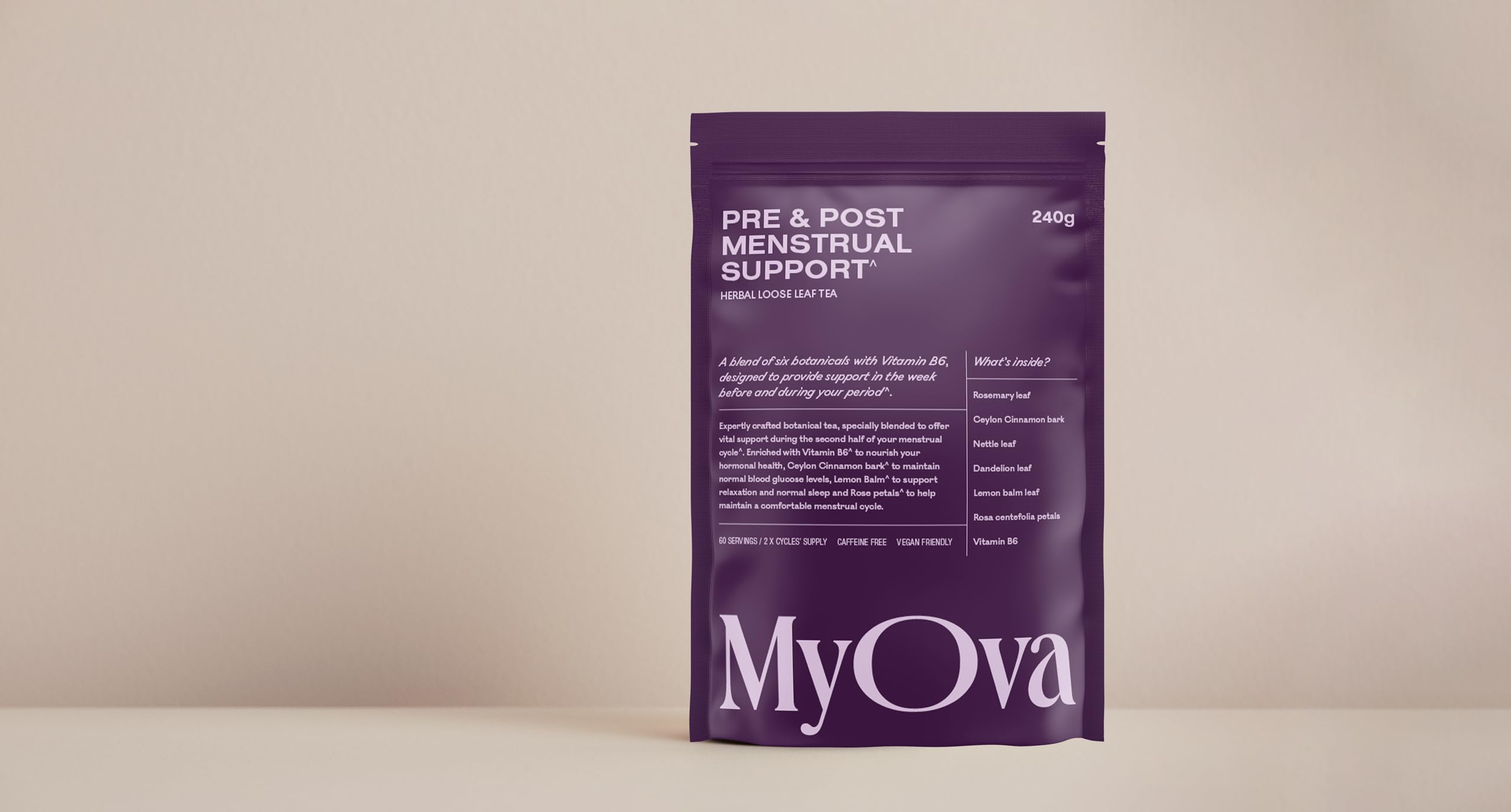MyOva Pre & Post Menstrual Support Tea - Period Pain Relief Tea - Hormone Balance with Rosemary Leaf - Lemon Balm for Bloating Relief - Vegan & Organic - 240g, 60 Servings, 30 Days Supply