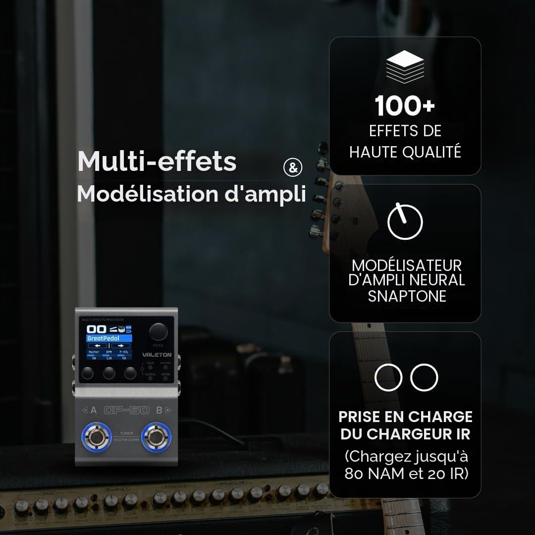 Pédale processeur multi-effets pour guitare Valeton GP-50 SnapTone avec modèle d'ampli neuronal, chargeur IR, interface audio USB, boîte à rythmes, boucle, Bluetooth, plus de 100 effets