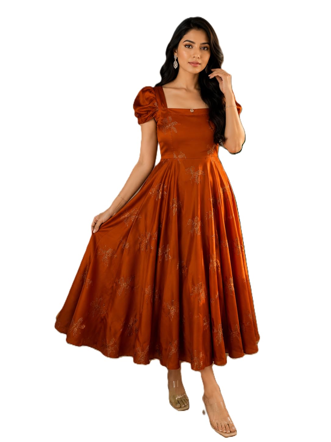 Women's Fit & Flare Midi Dress | Puff Sleeve Square Neck Party Dress | Women's Fit & Flare Midi Dress-image-20