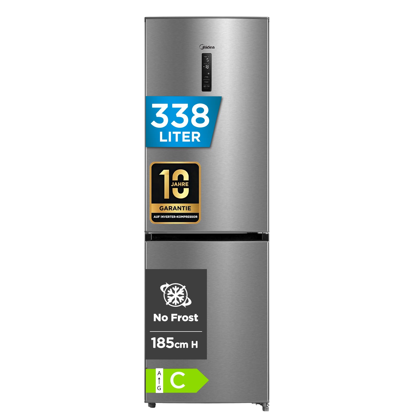 Midea MERB345MGC02 Kühl-/Gefrierkombination/No Frost/185 cm hoch / 59,5 cm breit /70 cm tiefe/171 kWh/Jahr/216 L Kühlteil/ 122 L Gefrierteil/Twin Control/mit Chiller Box, Front Inox