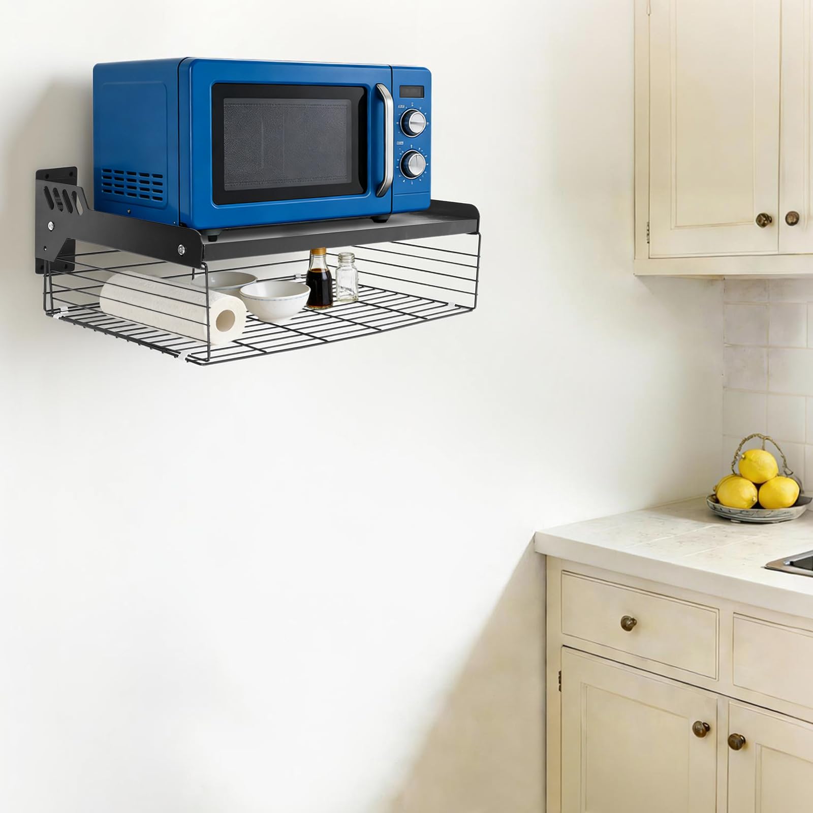 Mikrowellenregal Wandmontage ohne Bohren, 55x35x20cm Kohlenstoffstahl Küchenregal mit 33 lbs Tragfähigkeit, schwarzes Wandregal für Mikrowelle, Toaster, Backzubehör – bohrfreie Montage