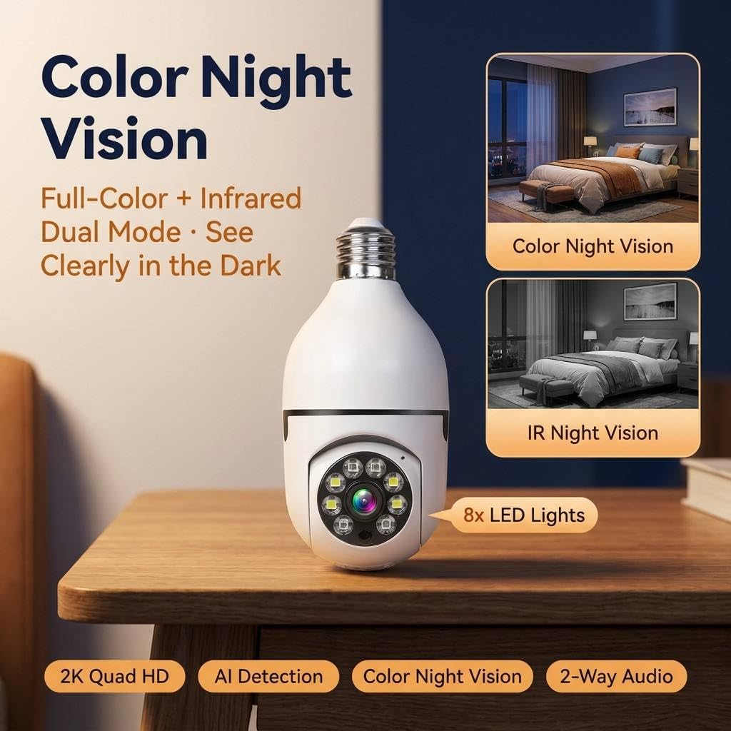 Hawkray 2PS 2K 3MP Light Bulb Security Camera Wireless Outdoor/Indoor - Dual Band 5G & 2.4GHz WiFi,355° Pan-Tilt,Motion Detection,Color Night Vision,Two-Way Audio,Alarm Notification,Easy Installation