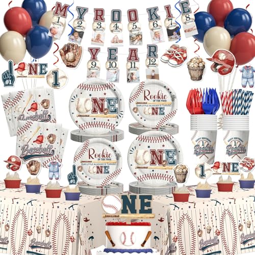 Hombae Rookie Year 1st Birthday Decorations Baseball First Birthday Decorations Party Supplies Table Decor with One Year Banner Tablecloth Plates Napkins Forks Straws Cups Balloons Service 24