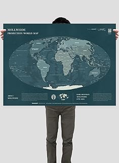 Modern World Map: Mollweide Projection-Dark Monotone Decor Roll-up Paper Poster Wall Map (Roll-up Canvas with Oak-wood handles, Small)