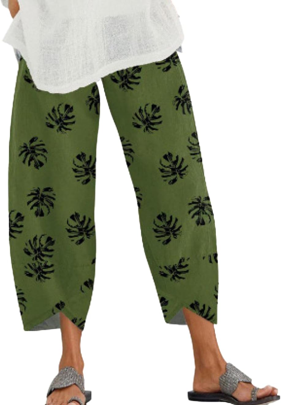 Capris Pants for Womens Cotton Linen Wide Leg Plus Size Cropped Pants Print Comfy Elastic Waist Sweatpants