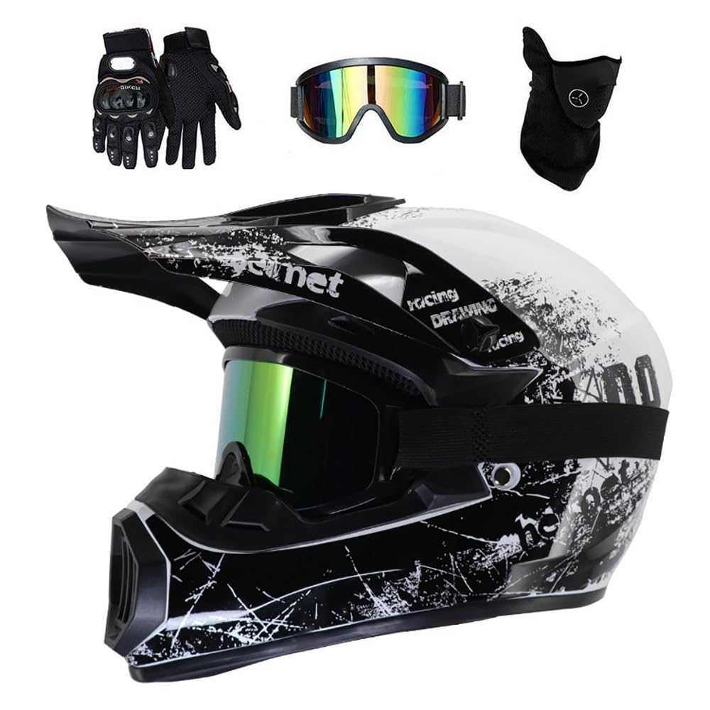 Full Face Motocross Helmet, with Goggles Gloves Mask, Youth Kids Off Road Sport ATV Scooter Motorbike Crash Helmet, Downhill Enduro MTB BMX Racing Quad Dirt Bike Helmets(Z14,S/52-55CM)