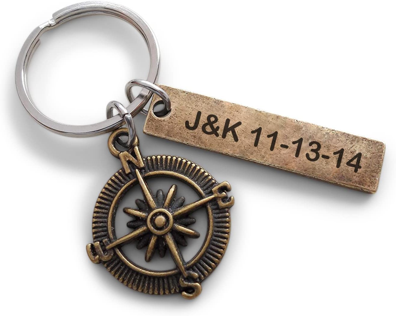 Custom Bronze Compass Keychain with Engraved Tag for Couples or Best Friends, Anniversary Gift Keychain