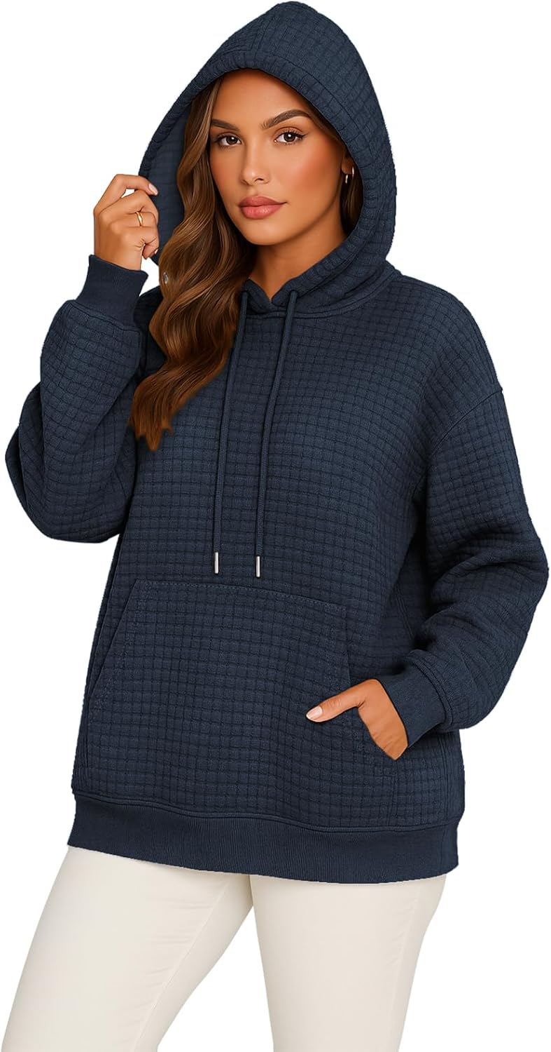 Womens Hoodies Casual Drawstring Waffle Pullover Fall Tops Loose Long Sleeve Hooded Sweatshirt with Pocket - Image 2